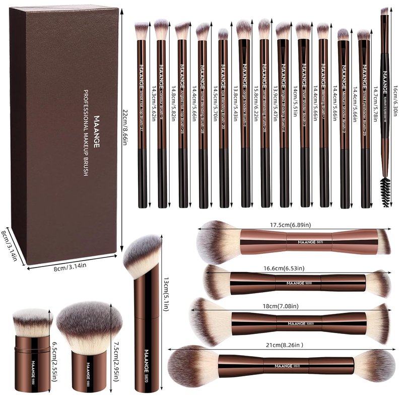 MAANGE 20 Pcs Makeup Brushes Set - Double-End Multi-Functional Blending Brushes | Coffee Brown