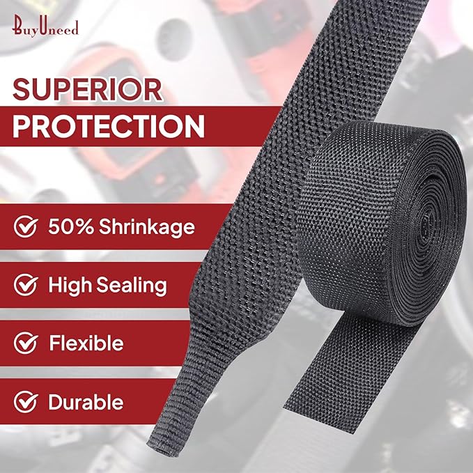 BuyUneed Heat Shrink Wire Loom 2:1 Shrinkable Braided Cable Sleeve 1/2 Inch ID-46ft Abrasion Protection Flexibility Fabric Wiring Harness Cover Sheath