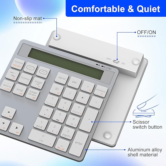 Rytaki Pro 2-in-1 Wireless Number Pad & Calculator, Bluetooth 5.0 Numeric Keypad with USB-C Charging, 34-Key Portable Number Pad for Laptop, MacBook, PC, Windows, iOS & Android Devices