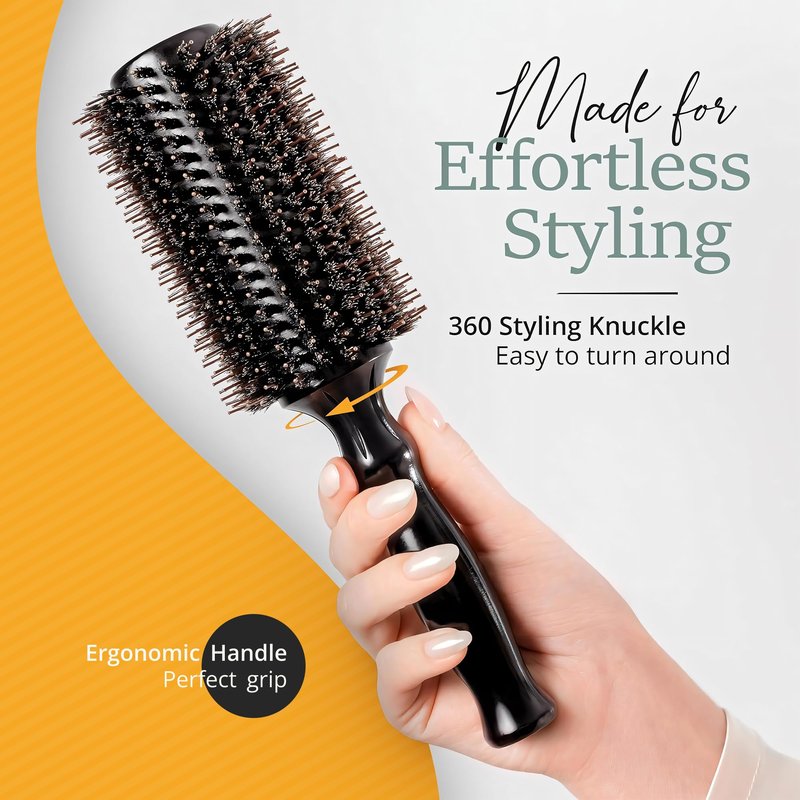 Boar Bristle Round Brush for Blow Out Set by Belula. Round Hair Brush For Blow Drying. Small 2” Wooden Barrel. Hairbrush Ideal to Add Volume and Body. Free 3 x Hair Clips & Travel Bag
