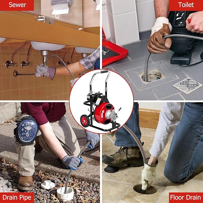 Electric Drain Cleaner - Efficiently Clears Clogs With Power - 75FT x 3/8 Inch Inch Cable, 4 Interchangeable Cutters, Foot Switch, Protective Gloves.