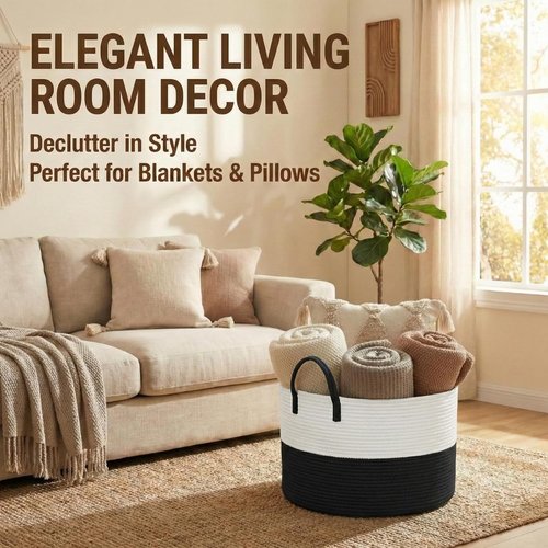 JMvicyroam 65L Extra Large Blanket Basket - Woven Cotton Rope Laundry Hamper with Handles | Machine Washable, White & Black