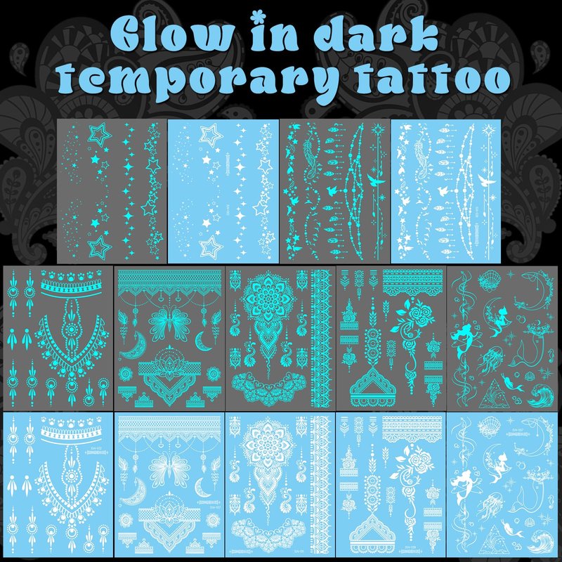Casciybo Glow In The Dark Tattoo 7 Sheets for Women, UV Blacklight Reactive Face Temporary Tattoos for Adults Fake Flower Butterfly Waterproof Face Body Arm Tattoo, Night Glitter Party Supply