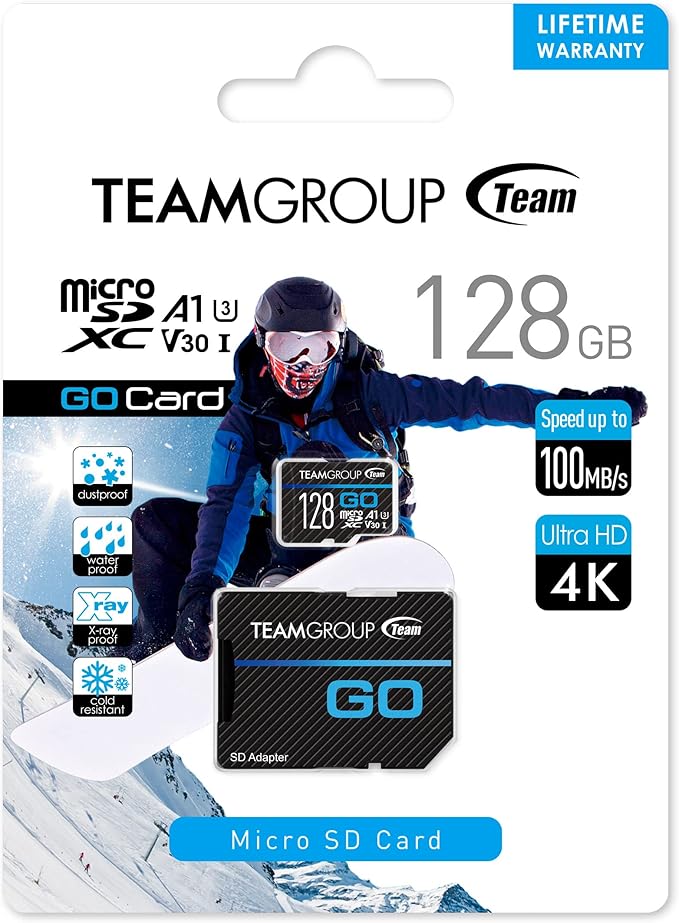 TEAMGROUP GO Card 128GB x 2 Pack MicroSDXC UHS-I U3 V30 4K for Action Cameras & Drone High Speed Flash Memory Card with Adapter for Outdoor Sports&Vlog, 4K Shooting,GoPro&Insta360&DJI TGUSDX128GU364