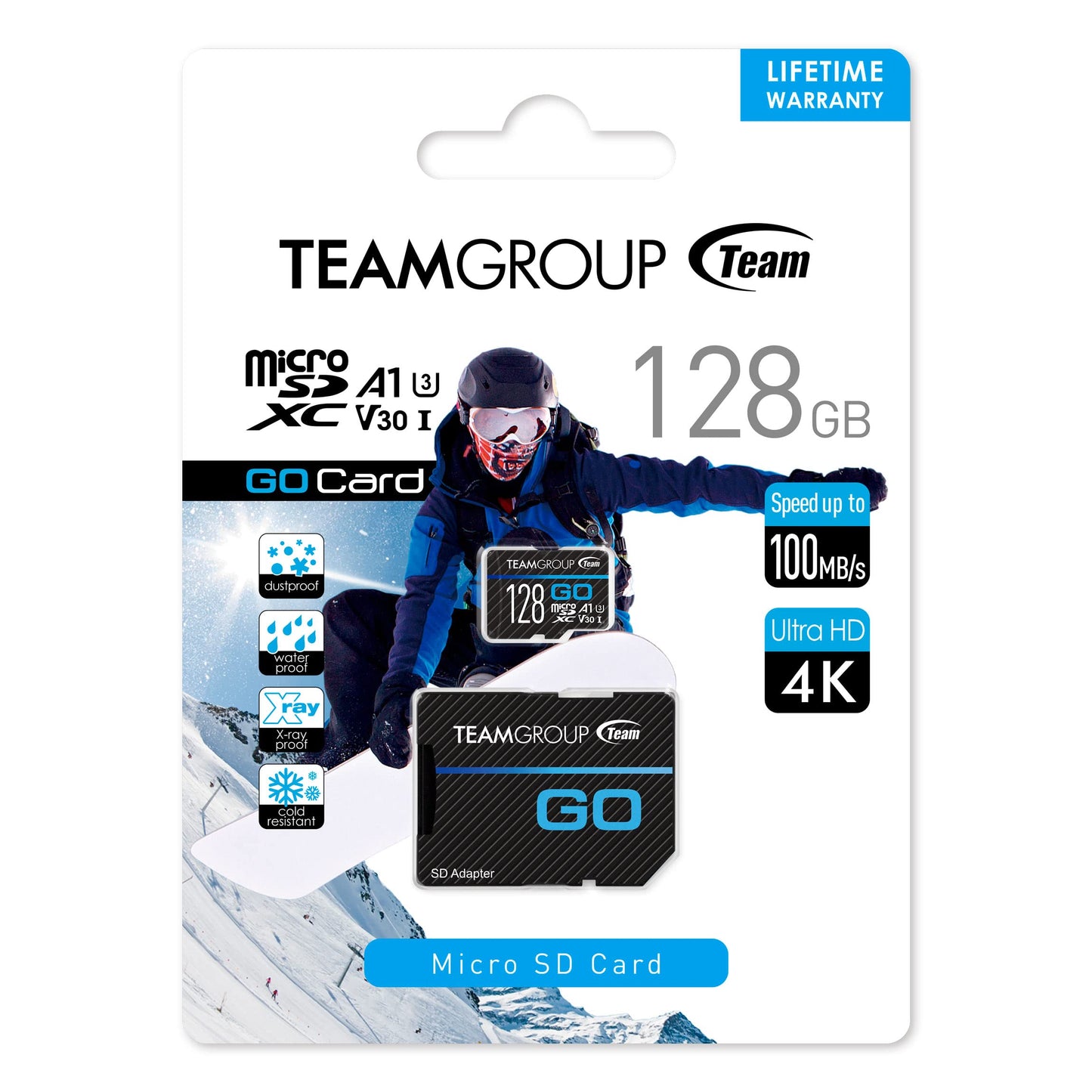 TEAMGROUP GO Card 128GB Micro SDXC UHS-I U3 V30 4K for GoPro & Action Cameras Flash Memory Card with Adapter for Outdoor 4K Shooting TGUSDX128GU303