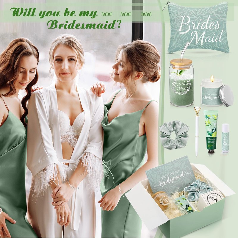 Meanplan 14 Pcs Bridesmaid Proposal Gifts Set, Will You Be My Bridesmaid Gifts with Proposal Box Glass Cup Makeup Bag Cards Lip Balm Hand Cream Candle Scrunchie Bracelet Diamond Pen for Wedding(Green)