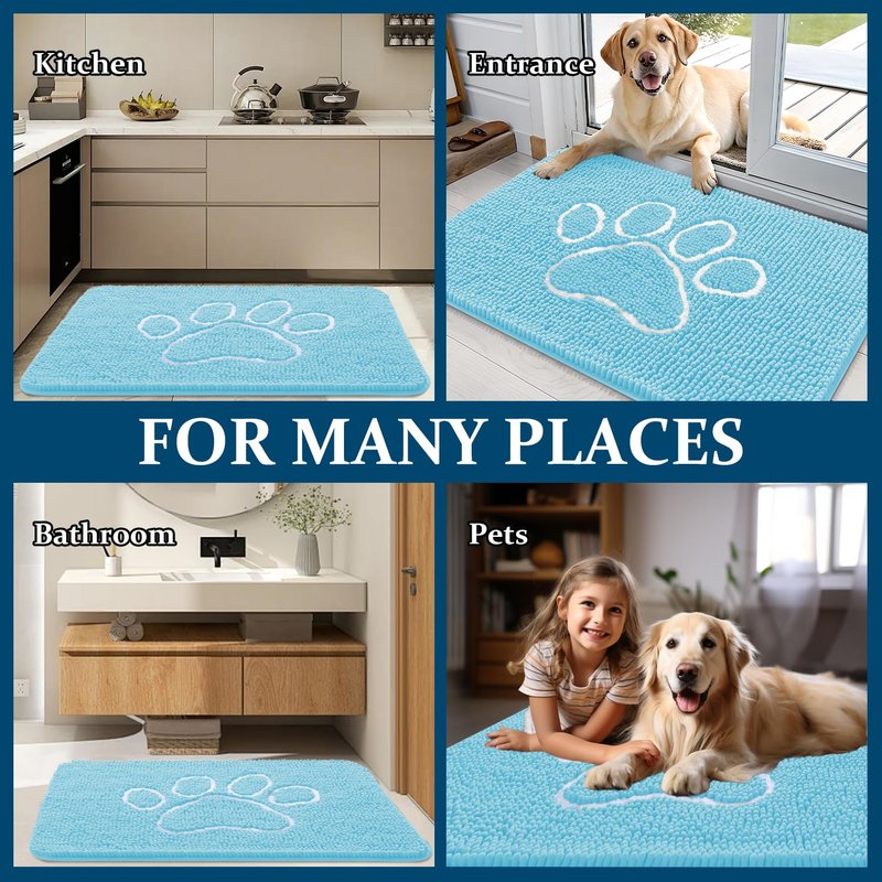 OLANLY Dog Door Mat for Muddy Paws 30x20, Paw Print Design, Absorbs Moisture and Dirt, Absorbent Non-Slip Washable Doormat, Quick Dry Chenille Mud Mat for Dogs, Entry Indoor Entryway Carpet, Blue