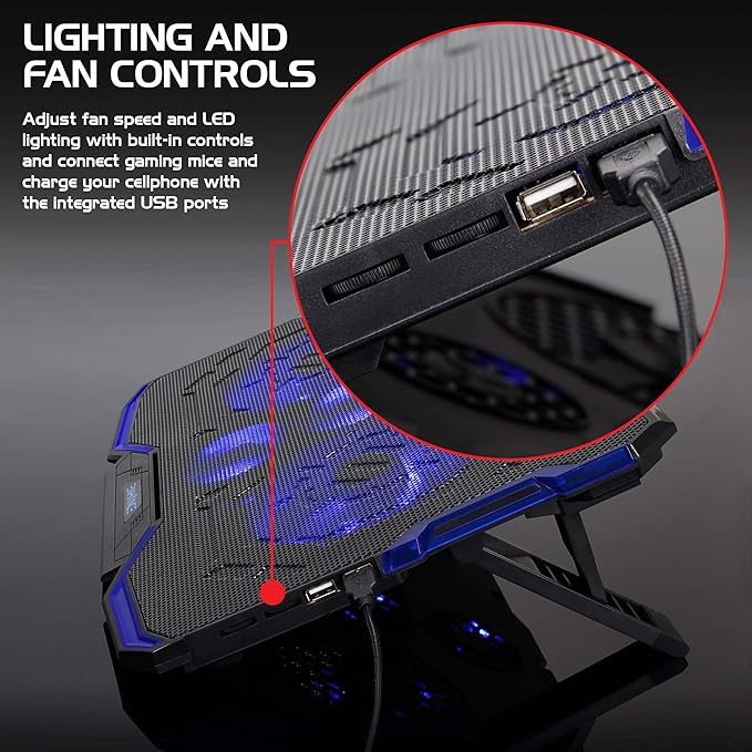 ENHANCE Cryogen Gaming Laptop Cooling Pad - Fits 17 in Computer- Adjustable Laptop Cooling Stand with 5 Quiet Cooler Fans, 2 USB Ports and LED Lighting - Slim Portable Design 2500 RPM (Blue)