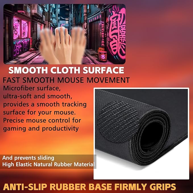 KOAIWPAE Desk Pad, Anime City Street Scene Desk Mat, Pink Neon Street Large Gaming Mouse Pad for Desk, 31.5"x15.7" Extended Big Computer Keyboard Mouse Pad with Non-Slip Base and Stitched Edge