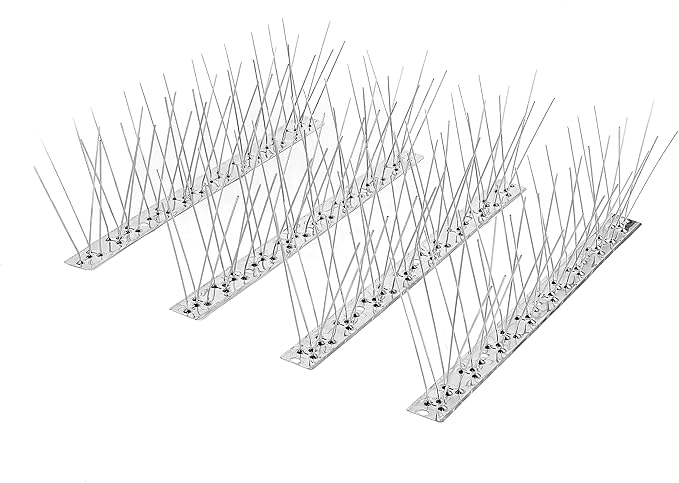 BUGGOFF Bird and Rodent Spikes, 4.5" Tall 10" Long Stainless Steel Anti-Bird Deterrent Strips, Silver, Professional Pest Control for Roofs, Fences, Ledges (100 Pieces / 83.3 Feet)