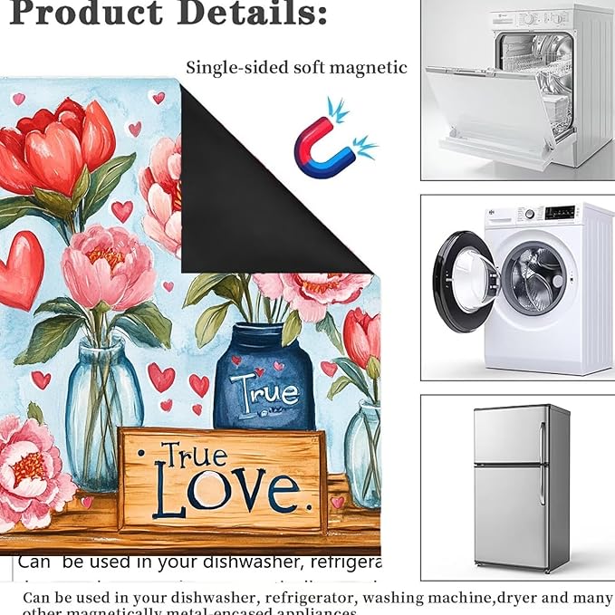Blooming Pink Flowers Magnet Dishwasher Cover Vinyl Decal for Dishwasher Valentine's Day Flowers Refrigerator Magnet Cover Love Hearts Kitchen Panel Decal Sticker, 23x26 inch Magnetic