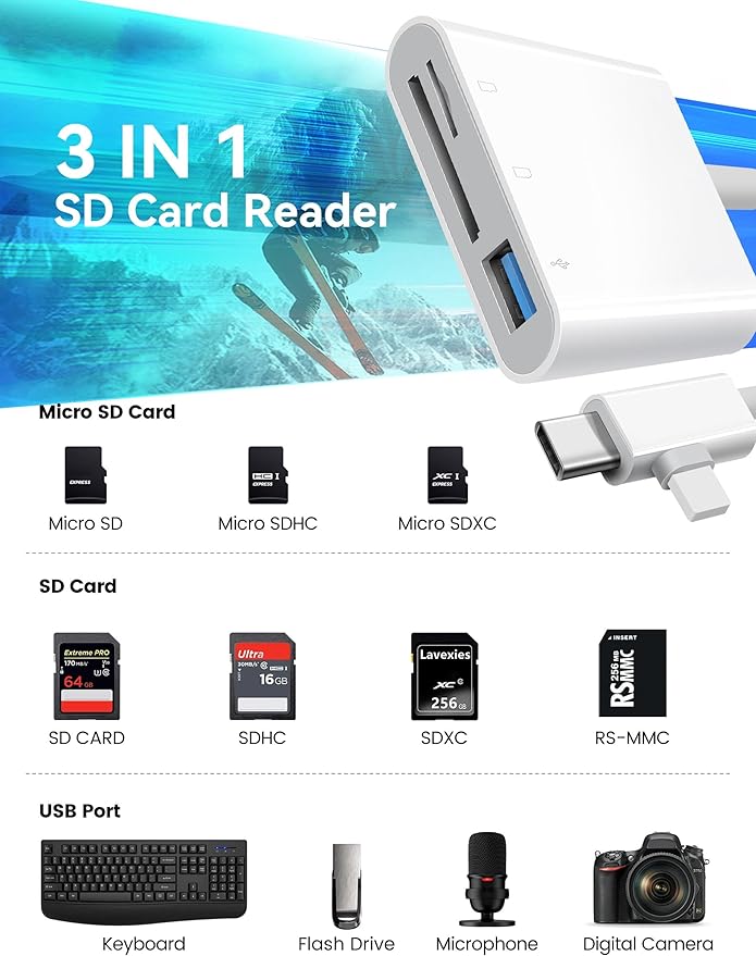 OPxjzws SD Card Reader for iPhone, SD Card Adapter with Lightening & USB C Dual Connectors Plug&Play Supports microSD, SD and USB-A OTG, Portable Trail Camera Memory Reader for iPhone Mac MacBook iPad