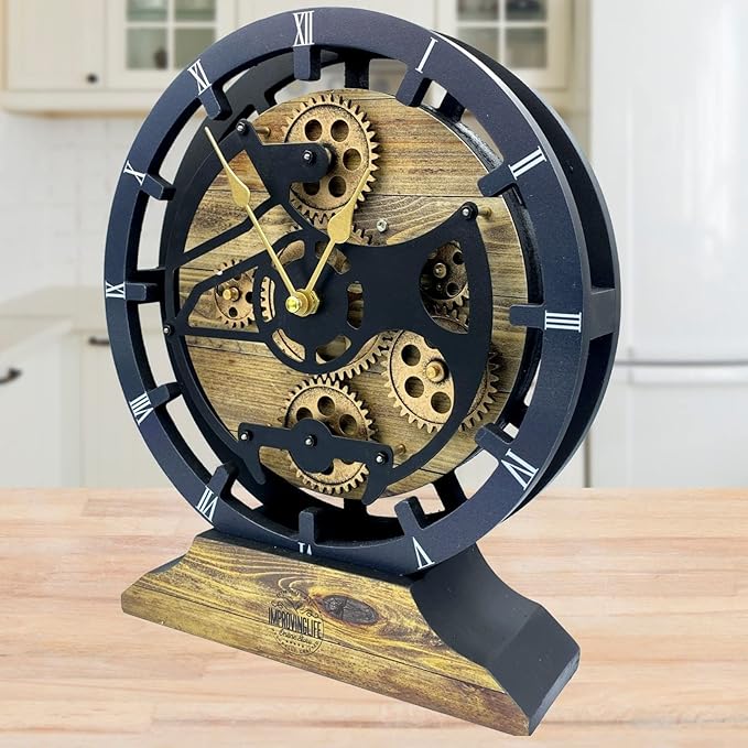 ImprovingLife The Gears Clock Desk Clock 10 inches with Real Moving Gears Convertible into Wall Clock (Gold Antique)