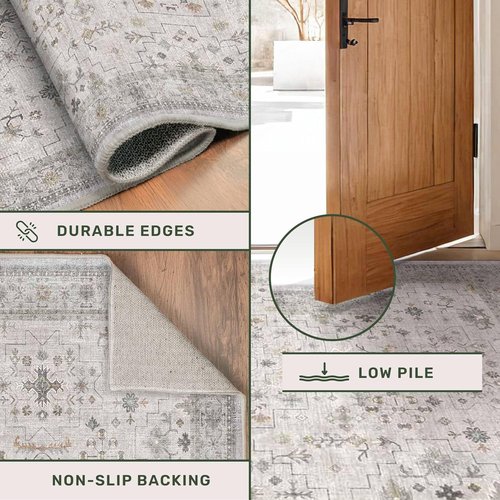 Hazo Haus Boho Light Grey Area Rug - Modern Floral Design, Washable Low Pile 7x9 for Living Room & Dining Room