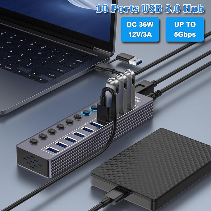 Tccmebius Powered 10-Port USB 3.0 Hub, USB C to 10 Ports USB Data Hub Splitter with Individual LED On/Off Switche, 3.3FT Cable, 12V/3A Power Adapter, for Laptop MacBook Pro/Air PC (Aluminum Gary)