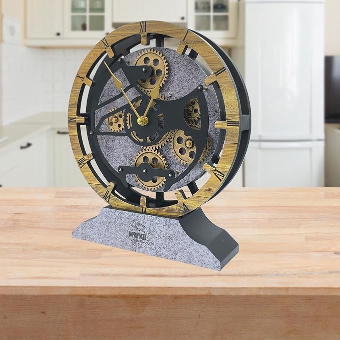 ImprovingLife Desk Clock 10 inches with Real Moving Gears Convertible into Wall Clock (Brown and Grey)