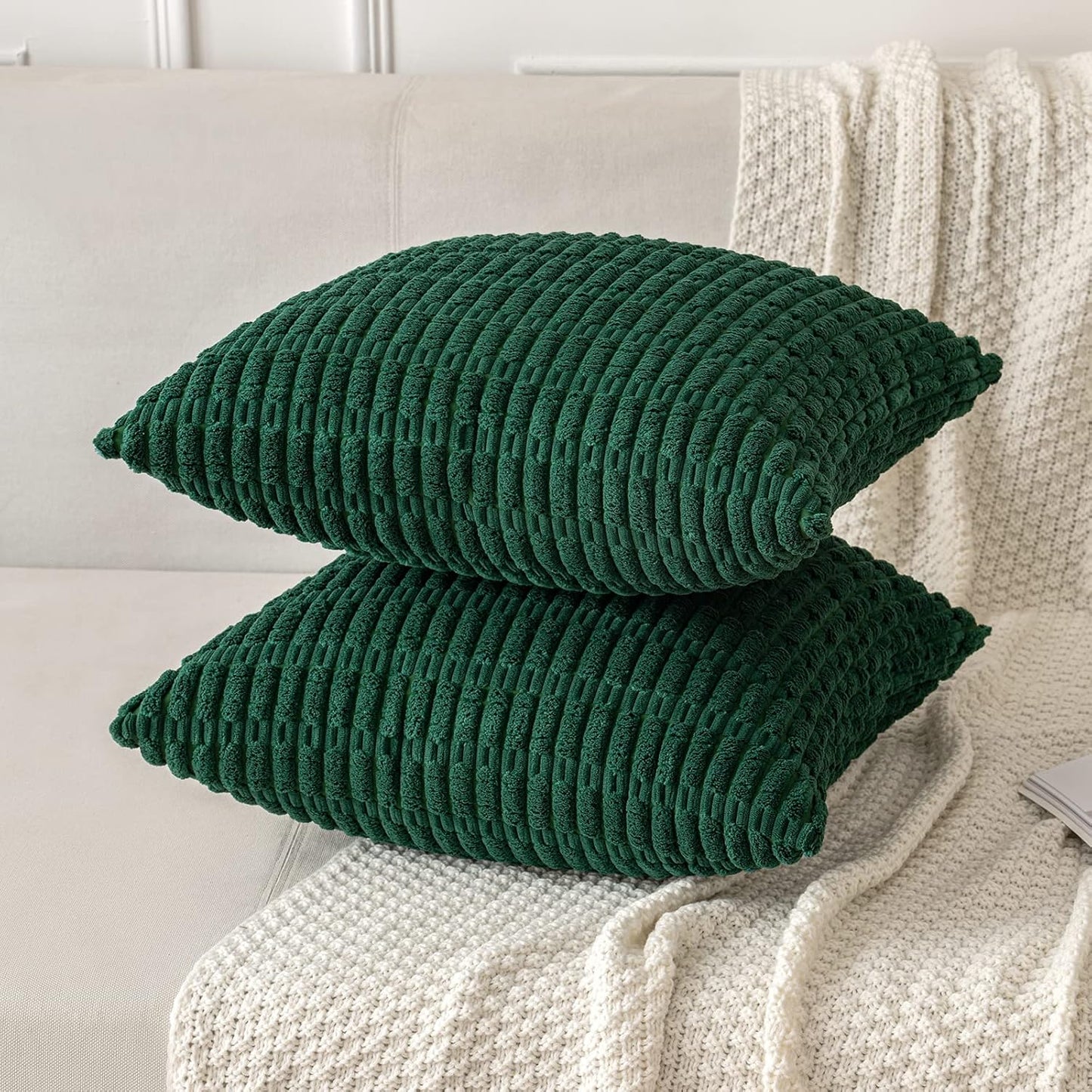 MIULEE Decorative Pillow Covers - Soft Dark Green Corduroy, 20x20 Inch | Boho Striped Design for Modern Home Decor