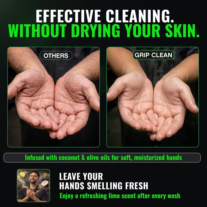 Grip Clean Heavy Duty Hand Cleaner for Mechanics – Natural Pumice & Clay-Infused Technology Removes Grease, Oil & Grime – Moisturizing Liquid Hand Soap for Shop, Garage & Industrial Use – 32oz