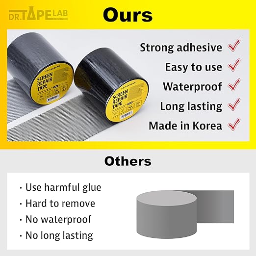 DR.TAPELAB, Black Window Screen Repair Tape, 2 in X 15 FT, Screen Repair Kit for Windows or Doors, Strong Adhesive Patch Kit Fiberglass Mesh Tape
