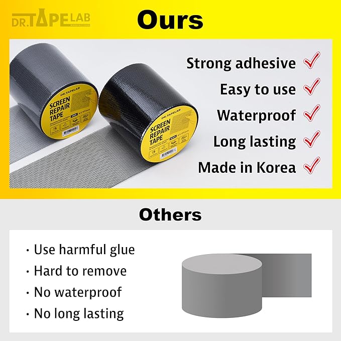 DR.TAPELAB, Grey Window Screen Repair Tape, 4 in X 15 FT, Screen Repair Kit for Windows or Doors, Strong Adhesive Patch Kit Fiberglass Mesh Tape