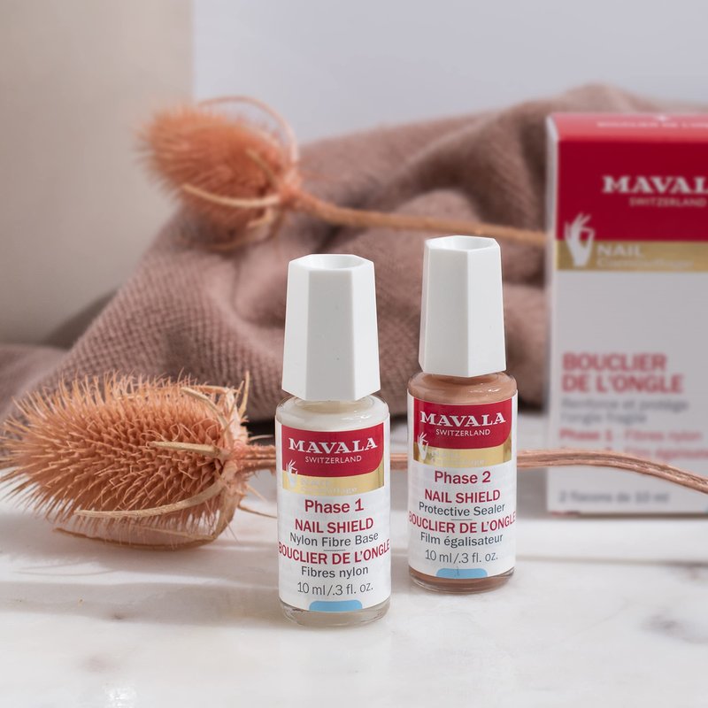 Mavala Nail Shield, 2 Count, Phase 1 & 2, Clear Nail Polish Top Coat, Nail Strengthener, Nail Growth & Nail Hardener Treatment, Nail Care and Repair for Brittle or Split Nails