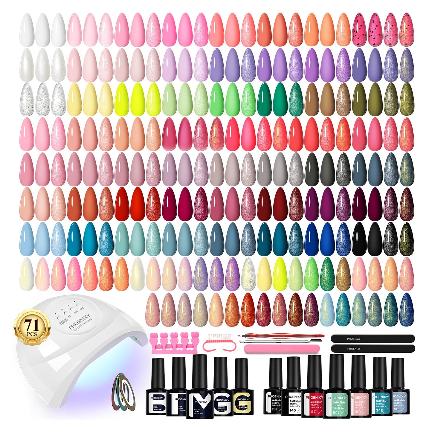 PHOENIXY 71 Pcs Gel Nail Polish Kit with U V Light, 55 Colors Gel Polish Set Red Black White with 5 Pcs Base and Glitter Matte Glossy Gold Top Coat Manicure Starter Nail Polish Set Gifts for Women