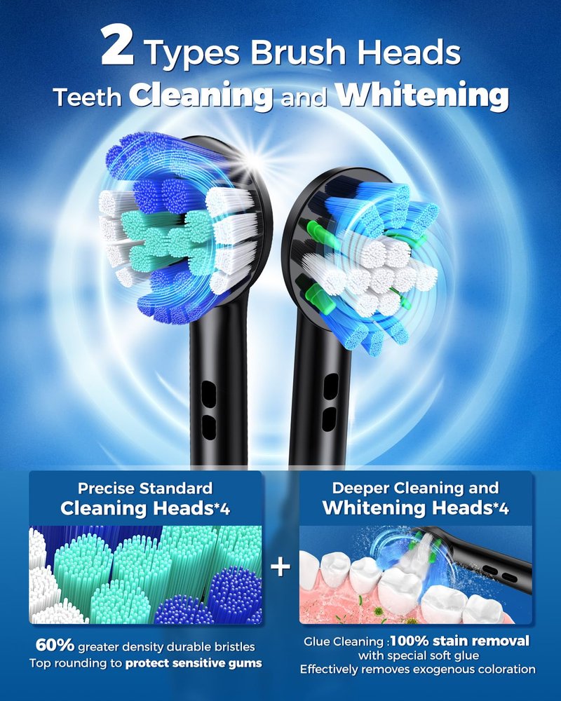 TEETHEORY Rotating Electric Toothbrush for Adults with 8 Brush Heads (2 Types), 4 Modes Deep Clean Electric Toothbrush with Rechargeable Power and 2 Min Smart Timer Black