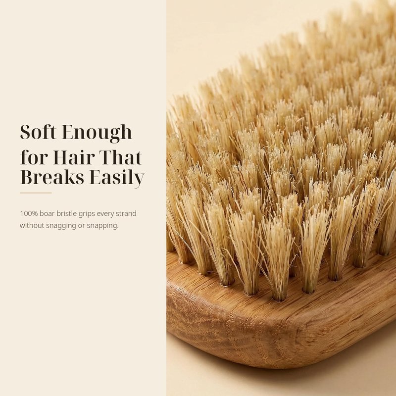 TRENFI 100% Boar Bristle Hair Brush - Soft Natural Bristle Wooden Paddle Brush for Fine Thin Hair, Distributes Scalp Oils for Smooth Shine, Solid Red Oak Handle for Women Men
