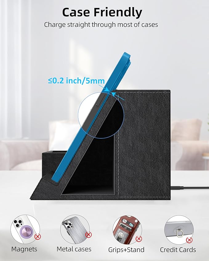 Investme Wireless Charger with Desk Organizer, Pen Pencil Holder, Multifunctional Desktop Organizer, Office Supplies and Desk Accessories Organizer with 3 Compartments and 1 Phone Stand, PU Black