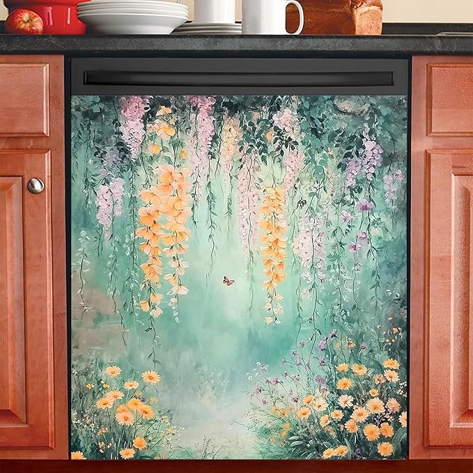 Dishwasher Magnet Cover 23x26 in Waterfall Flowers and Butterfly Over Mint Green Background Magnetic Dishwasher Cover for Kitchen Appliance Decoration Front Panel Sticker Panel Home Decor