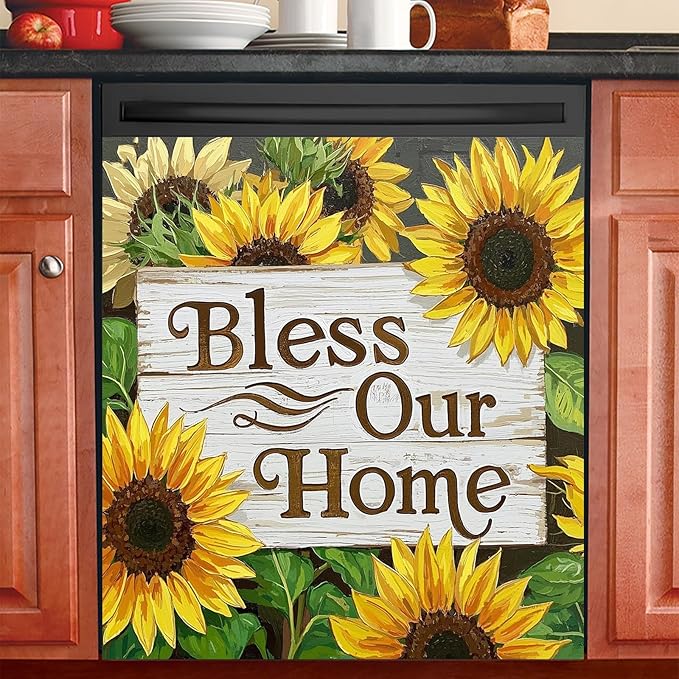 Dishwasher Magnet Cover 23x26 in Dark Background Sunflower Design Bless Our Home Sign Dishwasher Cover for Kitchen Appliance Decoration Front Panel Sticker Rustic Art Skin Panel Home Decor