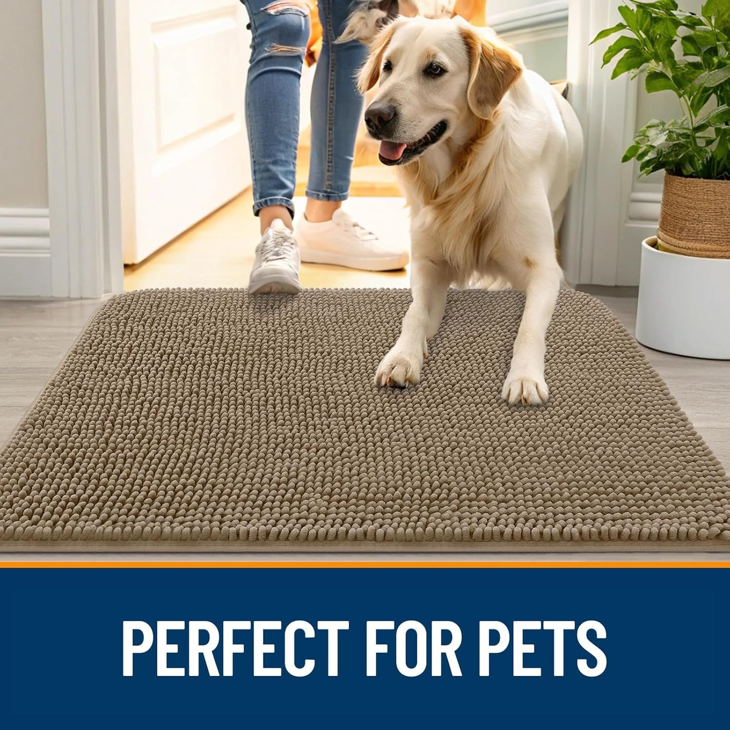 OLANLY Dog Door Mat - Absorbent Non-Slip Chenille for Muddy Paws | 40x24 Tan Indoor Entryway Carpet