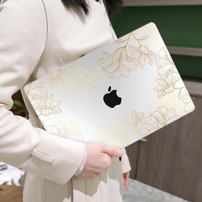 MEEgoodo for MacBook Air 13 inch Case 2021 2020 2019 2018 Released A2337 M1 A2179 A1932 with Touch ID, Plastic Hard Shell & Keyboard Cover Compatible with MacBook Air 13.3, Drawn Golden Floral