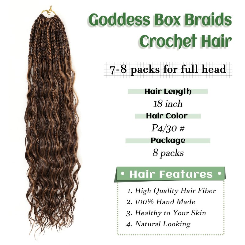 Eerya 8 Packs Boho Goddess Box Braids Crochet Hair for Black Women 18 inch Pre-looped Bohemian Crochet Box Braids With Curly Ends Synthetic Crochet Hair Extensions (18 inch, P4/30)