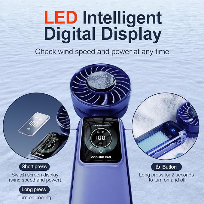 GZEduld Quiet Personal Handheld Fan with Stand & Lanyard, 5000mAh USB-C Rechargeable Battery, 12H Runtime 5-Speed LED Display Mini Cool Fan for Travel Beach Concerts Outdoor Events（Blue）
