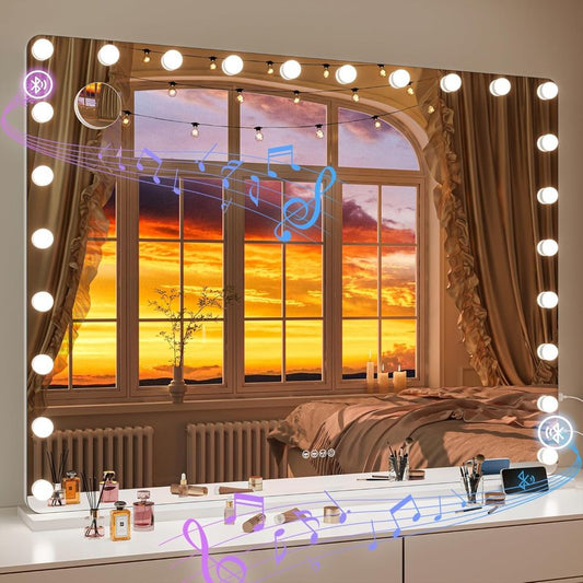 LED Makeup Mirror with Bluetooth Speaker - 3 Color Modes, 47" x 35" Hollywood Style, USB & Type-C Charging