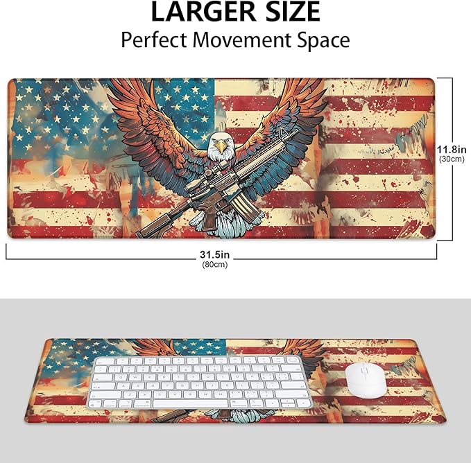 Mounidso Patriotic Eagle Large Mouse Pad, Gaming Mouse Pad, Keyboard Mat, Non-Slip Rubber Base, Office Accessories, Desk Mat, MousePads for School, Work, Home Decor Gifts 31.5" x 11.8"