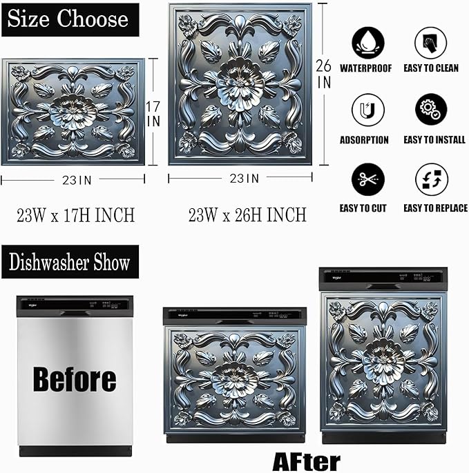 Stainless Steel Flower Pattern Dishwasher Magnetic Cover 3D Effect Decorate Panel Decal for Refrigerator Fridge Magnet Beautiful Flowers Magnets for Kitchen Home 23"x26"