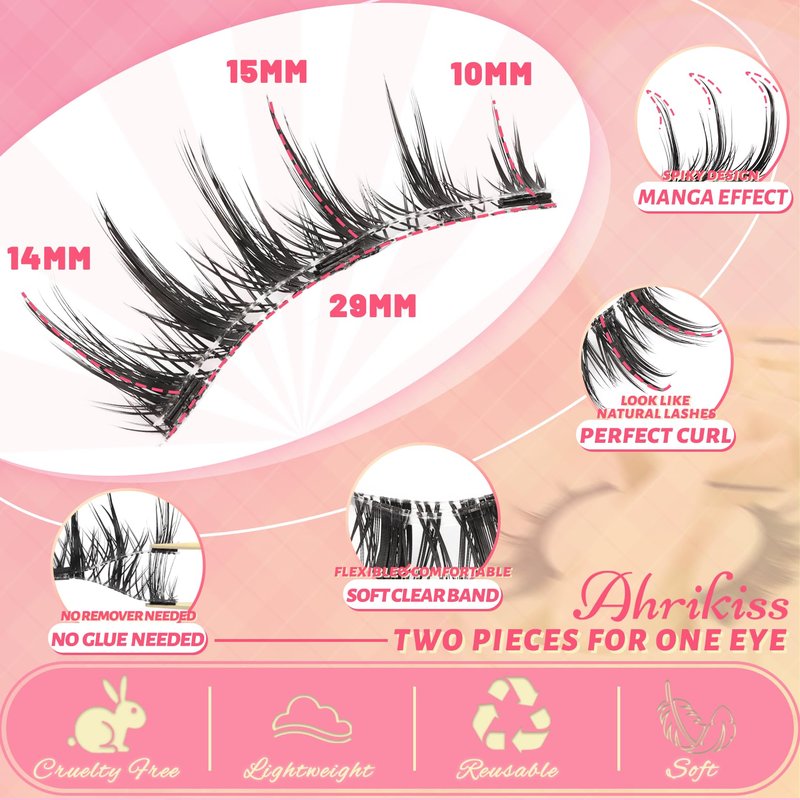 Ahrikiss Magnetic Eyelashes 1 Pair Reusable Magnetic Lashes with Applicator Manga Lashes Natural Look No Glue Needed Lash Kit Wispy Anime False Eyelashes with Magnets (M01)