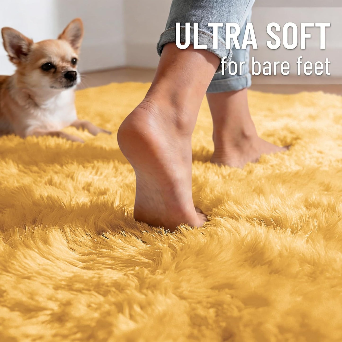 OLANLY Area Rugs - Soft Fluffy Shaggy Indoor Carpet for Living Room & Bedroom | 4x5.9 ft Mustard Yellow