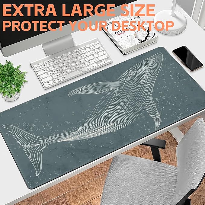 NIYLYNSYN Mouse Pad Large Hand Drawn Whale Non-Slip Gaming Desk Mat with Stitched Edge Laptop Keyboard Desk Pad for Work Home Gaming (35.4 x 15.7 Inches)