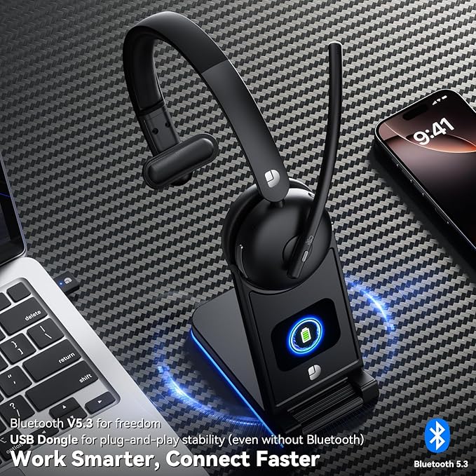 Wireless Headset with Mic for Work, Bluetooth Headphones with Microphone (Noise Cancelling) & Charging Base, Wireless Headset for Work from Home/Office/Call Center/PC/Computer/Teams/Zoom/Skype/Laptop