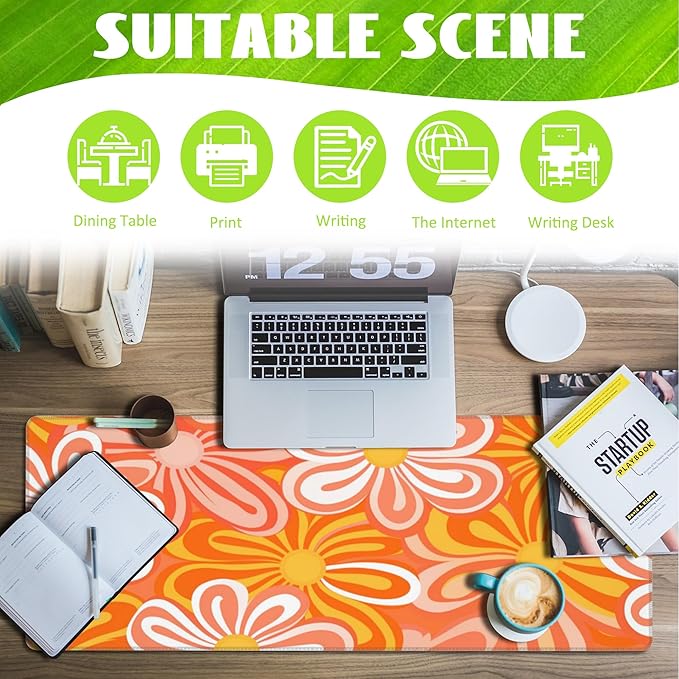 Eflxamz Desk Pad - Hippie Vintage Orange Flowers Desk Mat, Retro Floral Large Gaming Mouse Pad with Non-Slip Base and Stitched Edge, 31.5"x11.8"