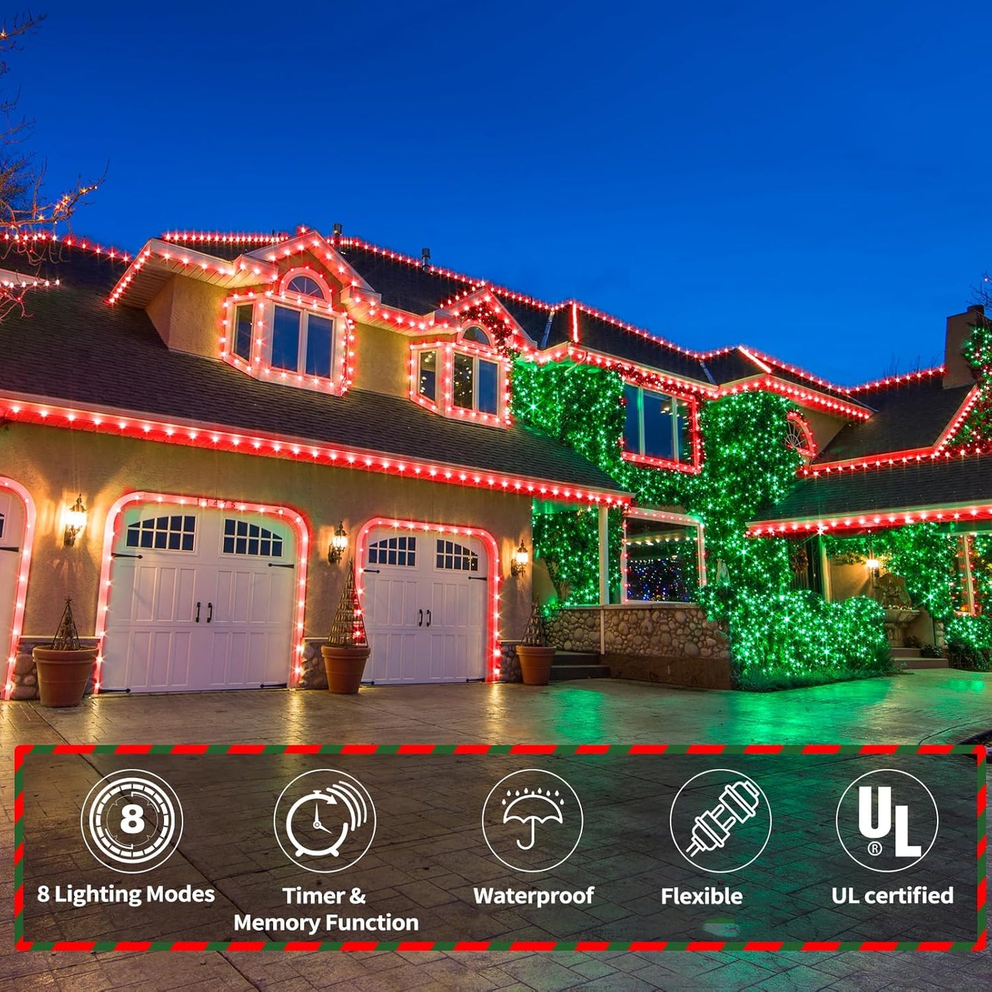 Skiennix 200ft LED Rope Lights - Waterproof, Connectable & Flexible Tube Lighting for Indoor/Outdoor Use | Red & Green