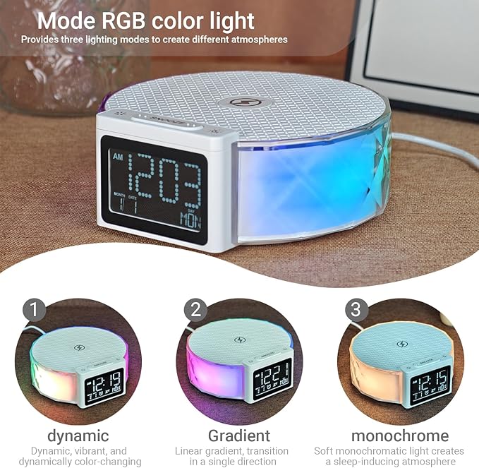 YIDPU Alarm Clock with Fast Wireless Charging 15W,Digital Alarm Clock Night Lamp for Bedroom, RGB Nightlight for 5 Colors,Snooze Mode,8 Types of Music with Cable (White)