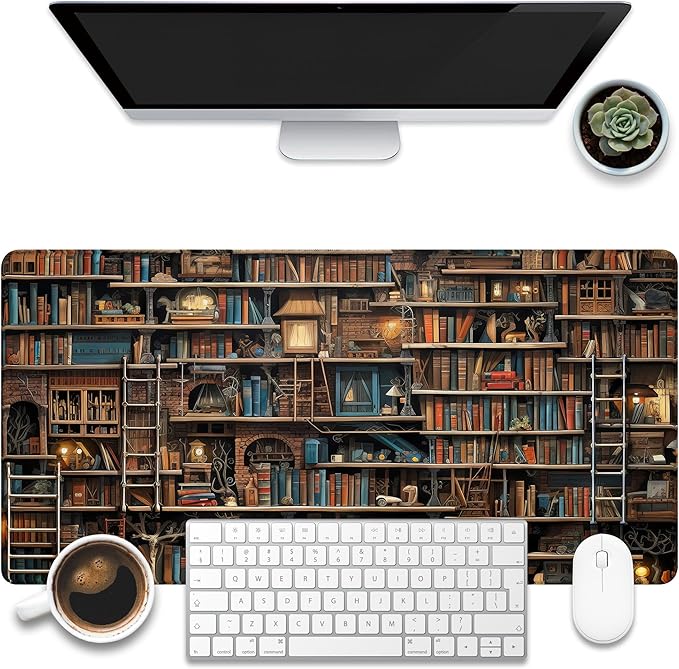 KOAIWPAE Desk Pad, Fantasy Shelves Desk Mat, Shelves Full of Books Large Gaming Mouse Pad for Desk, 31.5"x15.7" Extended Big Computer Keyboard Mouse Pad with Non-Slip Base and Stitched Edge