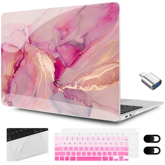 MEEgoodo for MacBook Air 13.3 inch Case 2021 2020 2019 2018 A2337 M1 A2179 A1932,Clear Case for MacBook Air M1,Laptop Shell with Keyboard Webcam Cover&Trackpad Film&Type C Adapter,Gold Splashes Marble
