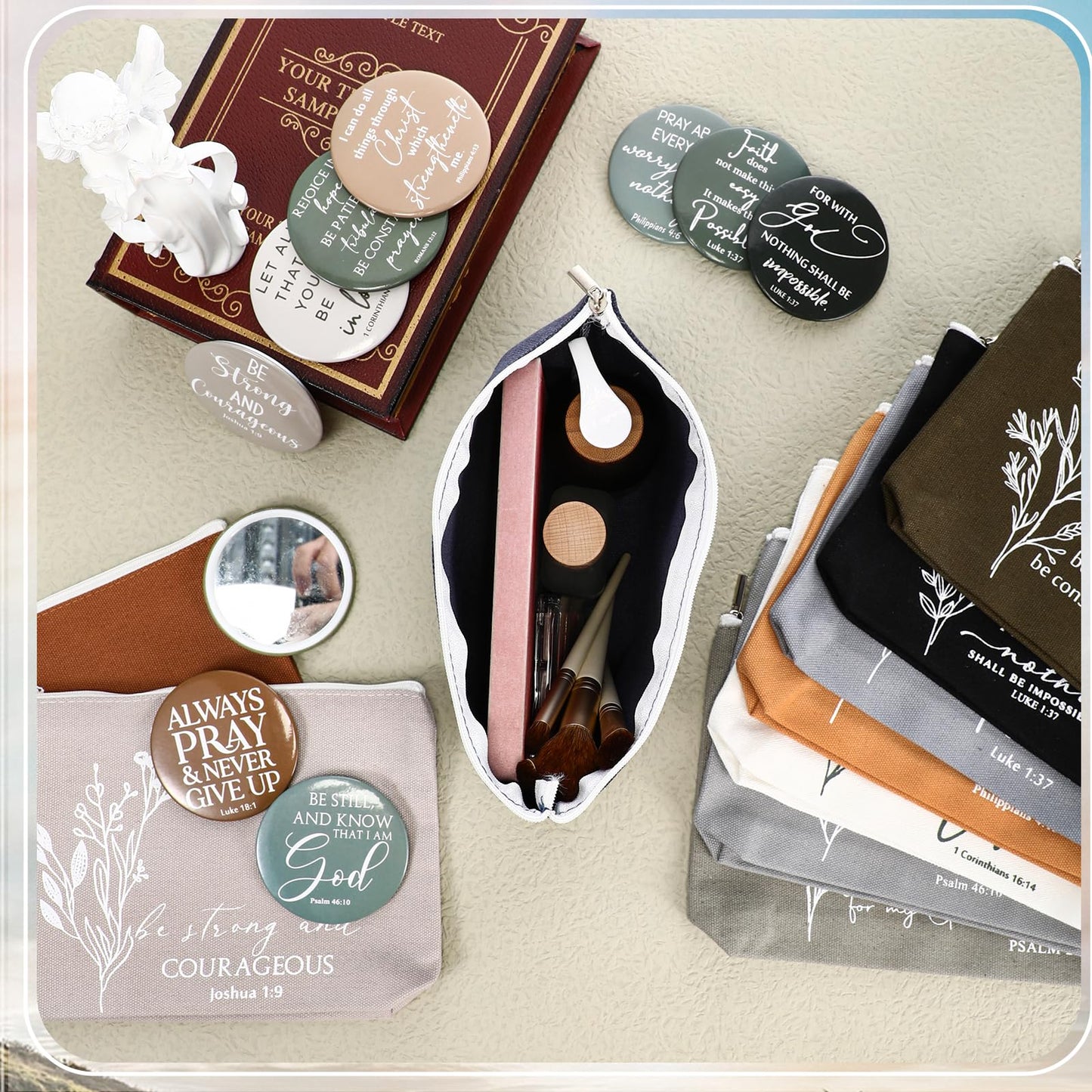 Reginary 30 Set Christian Gifts for Women Bulk 30 Religious Canvas Makeup Bags 30 Bible Verse Compact Mirrors Church Inspirational Appreciation Gifts for Mom Clergy(Neutral Colors,Aesthetic Style)
