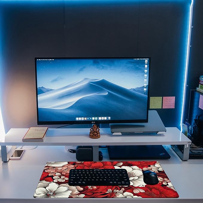 KOAIWPAE Desk Pad, Red and White Flowers Desk Mat, Retro Red Floral Large Gaming Mouse Pad, 31.5"x15.7" Extended Big Computer Keyboard Mouse Pad with Non-Slip Base and Stitched Edge