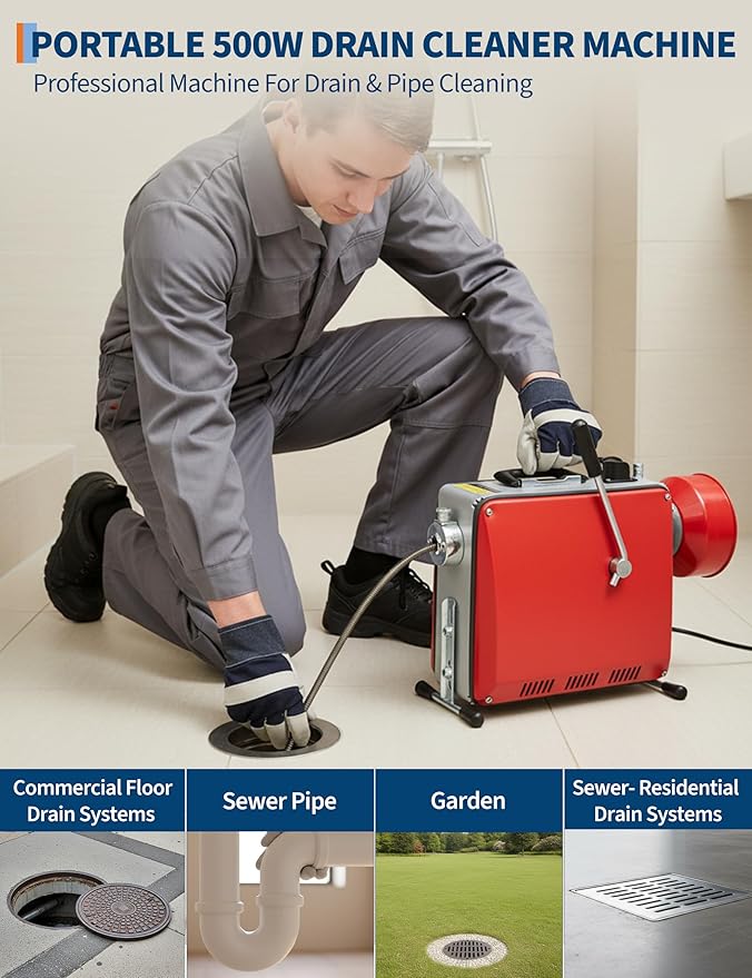 Drain Cleaner Machine with 66FT x 5/8" & 16FT x 3/8" Steel Cables, 7 Cutters, Electric Sewer Snake Drain Auger, 500w Power Drain Cleaner Machine, Auto Feed Pipe Snake for 3/4" to 4" Pipes